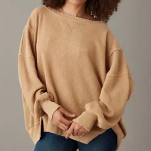American Eagle Big Hug Lived In Oversized Tan Waffle Texture Shirt Women’s XS - Picture 1 of 7